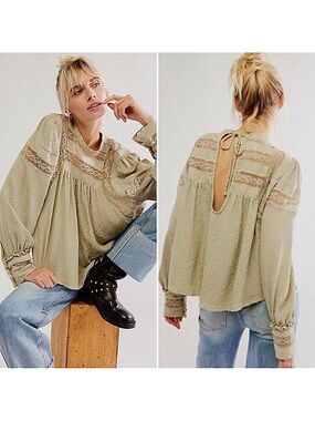 NWT FREE PEOPLE IT TAKES TWO lace peasant Boho Top in Spanish moss